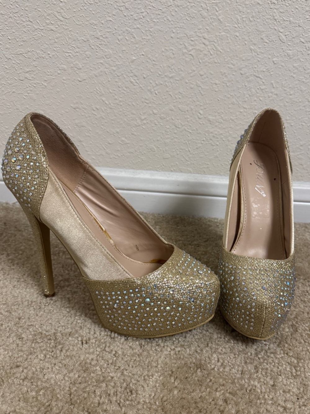 Crystal-Embellished Gold Platform High Heels